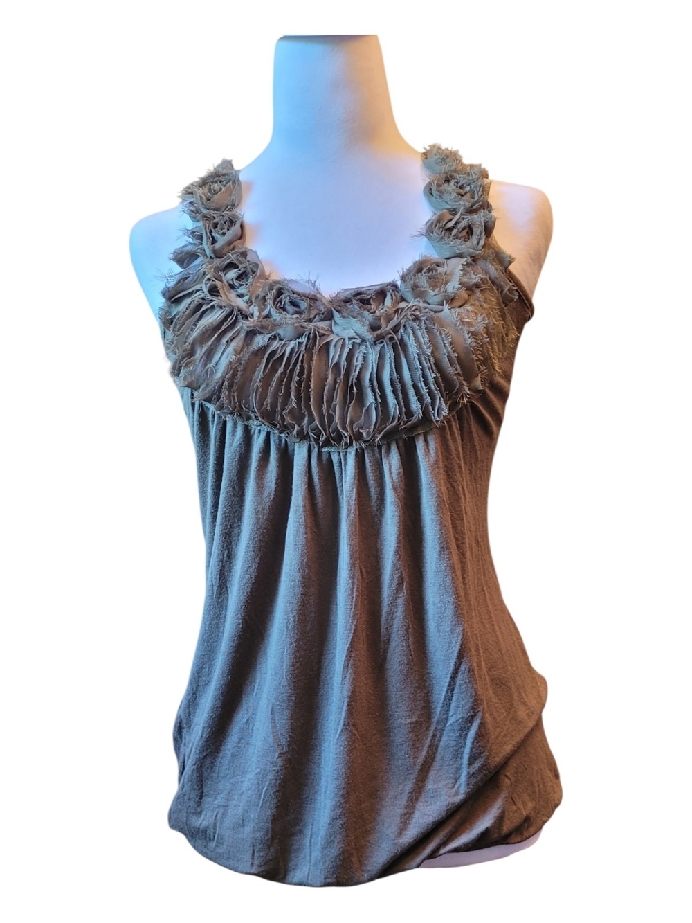 Frayed Rosette Scoop-Neck Tank Top - Sage Green